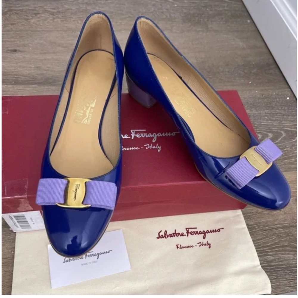 Salvatore Ferragamo Blue Heels with Purple Bow